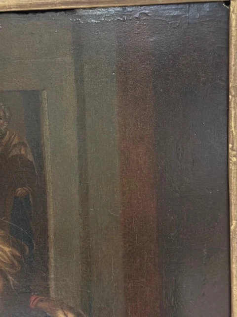Olio su tavola. Sacra famiglia con Sant’Anna e San Giovannino . XVI secolo. 76 x 63