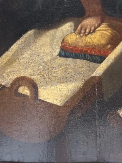 Olio su tavola. Sacra famiglia con Sant’Anna e San Giovannino . XVI secolo. 76 x 63