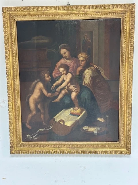 Olio su tavola. Sacra famiglia con Sant’Anna e San Giovannino . XVI secolo. 76 x 63