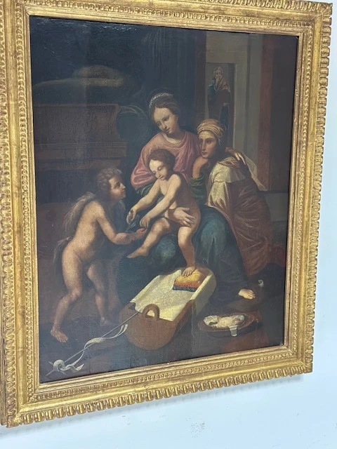 Olio su tavola. Sacra famiglia con Sant’Anna e San Giovannino . XVI secolo. 76 x 63