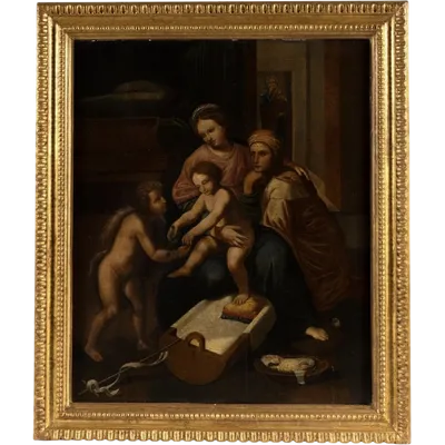 Olio su tavola. Sacra famiglia con Sant’Anna e San Giovannino . XVI secolo. 76 x 63