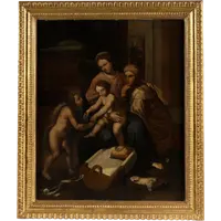 Olio su tavola. Sacra famiglia con Sant’Anna e San Giovannino . XVI secolo. 76 x 63