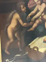 Olio su tavola. Sacra famiglia con Sant’Anna e San Giovannino . XVI secolo. 76 x 63