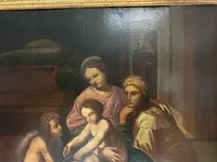 Olio su tavola. Sacra famiglia con Sant’Anna e San Giovannino . XVI secolo. 76 x 63