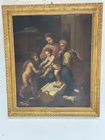 Olio su tavola. Sacra famiglia con Sant’Anna e San Giovannino . XVI secolo. 76 x 63