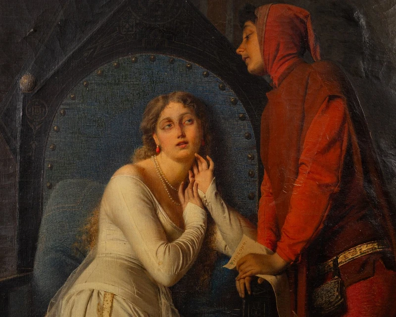 F. Valaperta, Ghismunda e Guiscardo, scena dal Decamerone (Boccaccio), Olio su tela siglato F.V