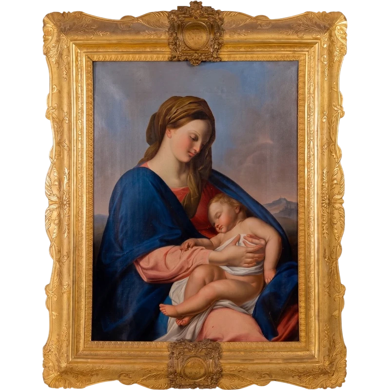 Madonna con Bambino firmata e datata Antonio Boldini 1849, Olio su tela con importante cornice