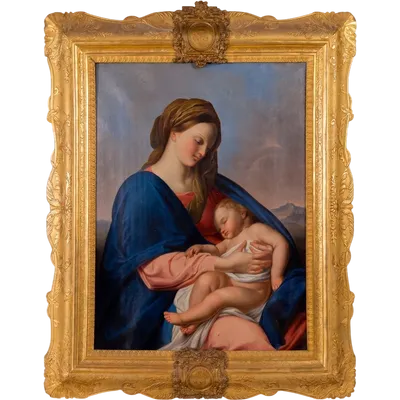 Madonna con Bambino firmata e datata Antonio Boldini 1849, Olio su tela con importante cornice