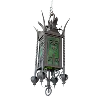 Suspended lantern made of wrought iron and green blown glass