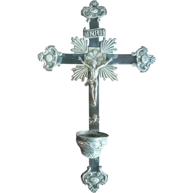 Crucifix ancien, bénitier en argent 19e siècle Naples