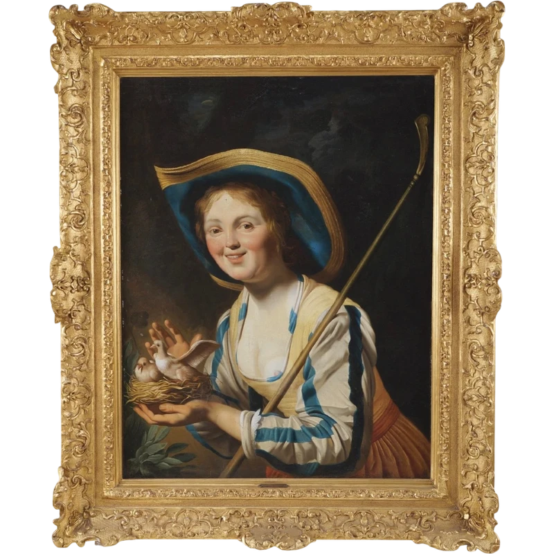 Gerrit Van Honthorst (follower of), Shepherdess with bird's nest, Oil on canvas