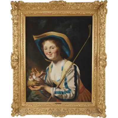 Gerrit Van Honthorst (follower of), Shepherdess with bird's nest, Oil on canvas