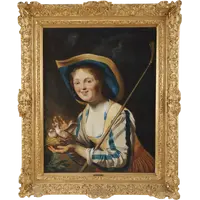 Gerrit Van Honthorst (follower of), Shepherdess with bird's nest, Oil on canvas