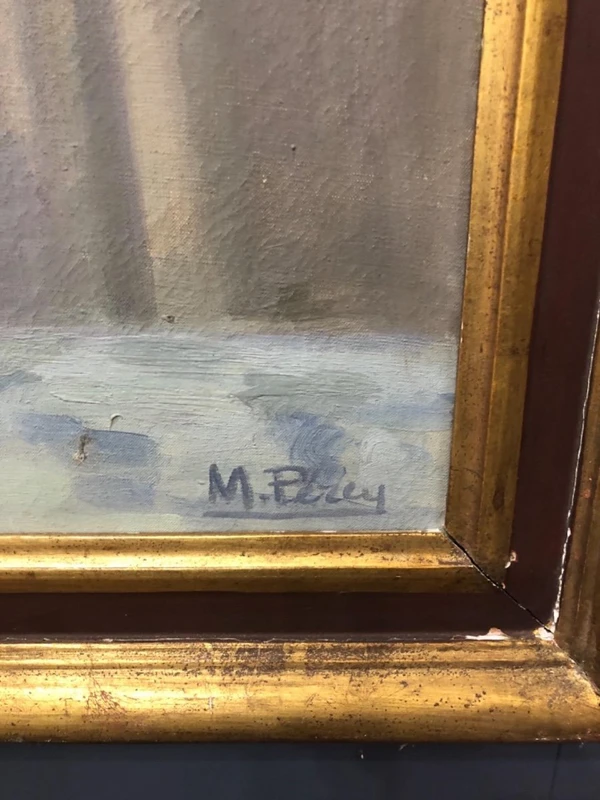 Peinture à l'huile sur toile représentant un vase avec des fleurs.Signature:M.Perey.