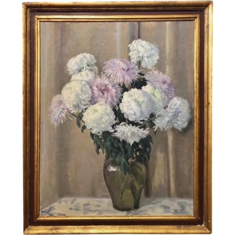 Peinture à l'huile sur toile représentant un vase avec des fleurs.Signature:M.Perey.