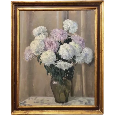 Oil painting on canvas depicting vase with flowers.Signature:M.Perey.