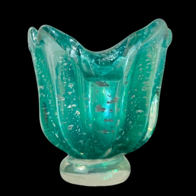 Iridescent heavy glass shell vase with silver inclusions.Barovier & Toso.Murano.