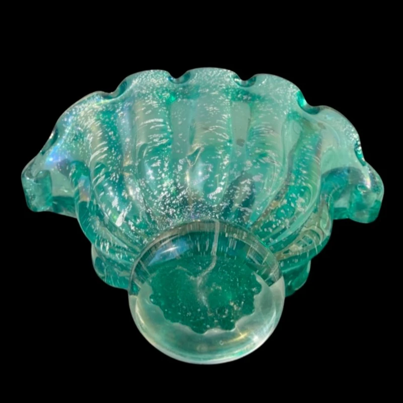 Iridescent heavy glass shell vase with silver inclusions.Barovier & Toso.Murano.