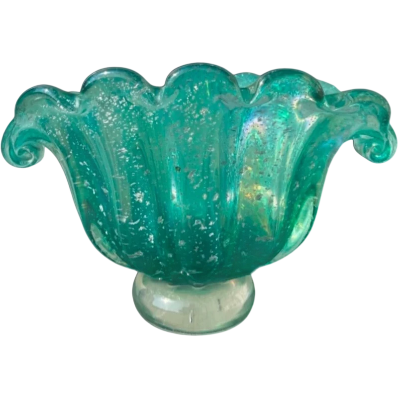 Iridescent heavy glass shell vase with silver inclusions.Barovier & Toso.Murano.