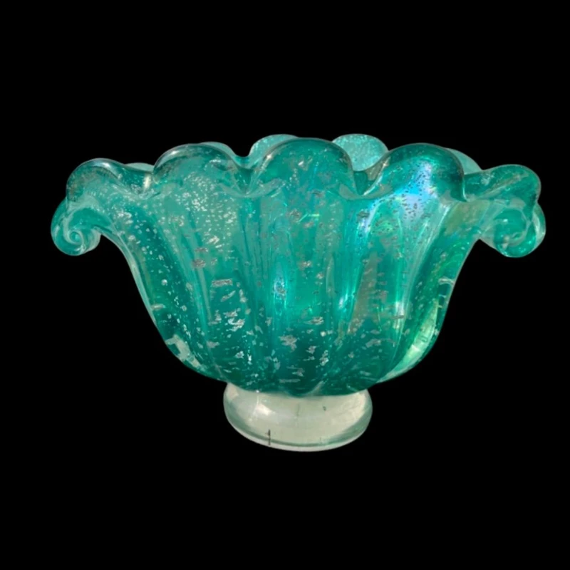 Iridescent heavy glass shell vase with silver inclusions.Barovier & Toso.Murano.