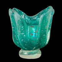 Iridescent heavy glass shell vase with silver inclusions.Barovier & Toso.Murano.