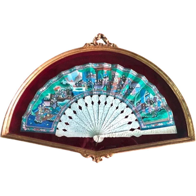 Fan with perforated slats and painted paper peacock.