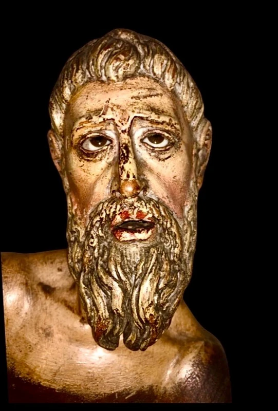 scultura da presepe in legno dipinto e metallo con occhi in vetro.Napoli
