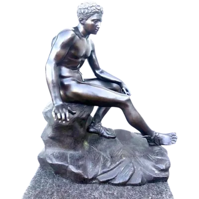 Bronze sculpture depicting Mercury seated.