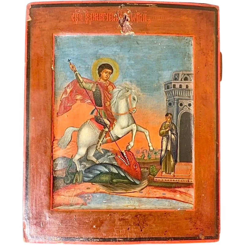 Icon on panel depicting St. George and the dragon.