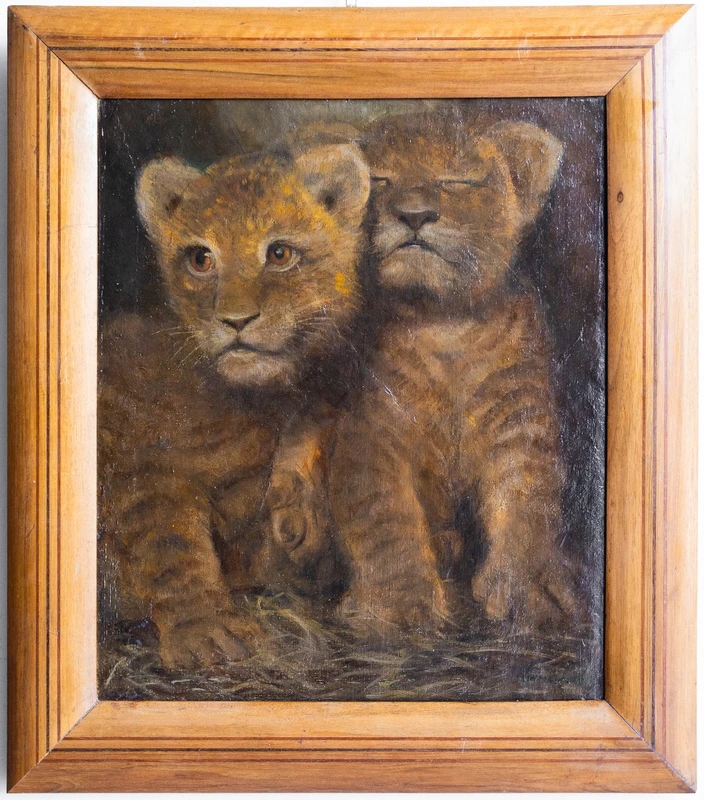 Painting depicting a pair of lion cubs