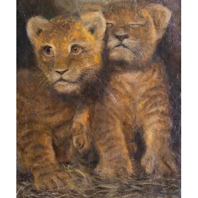Painting depicting a pair of lion cubs