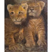 Painting depicting a pair of lion cubs