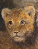 Painting depicting a pair of lion cubs