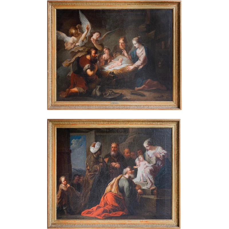 Pair of religious theme paintings, Adoration of the Shepherds - Adoration of the Magi