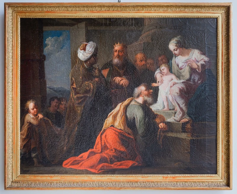 Pair of religious theme paintings, Adoration of the Shepherds - Adoration of the Magi