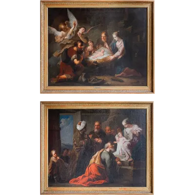 Pair of religious theme paintings, Adoration of the Shepherds - Adoration of the Magi
