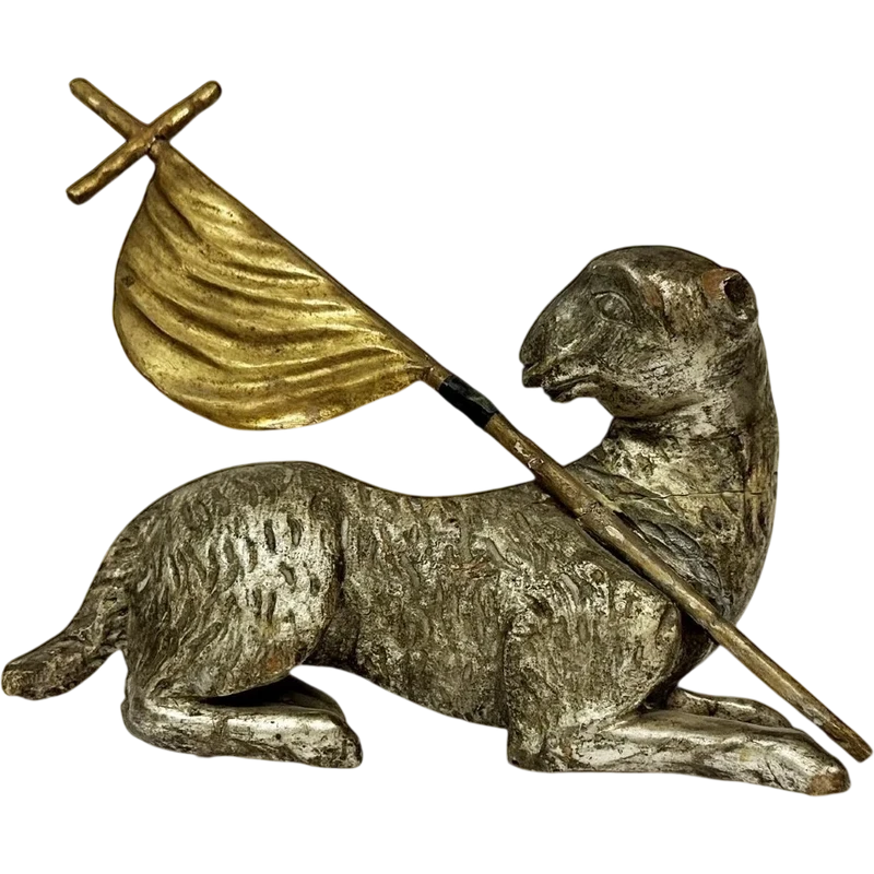 Silver-plated and gilded carved wooden sculpture raff.te Agnus Dei