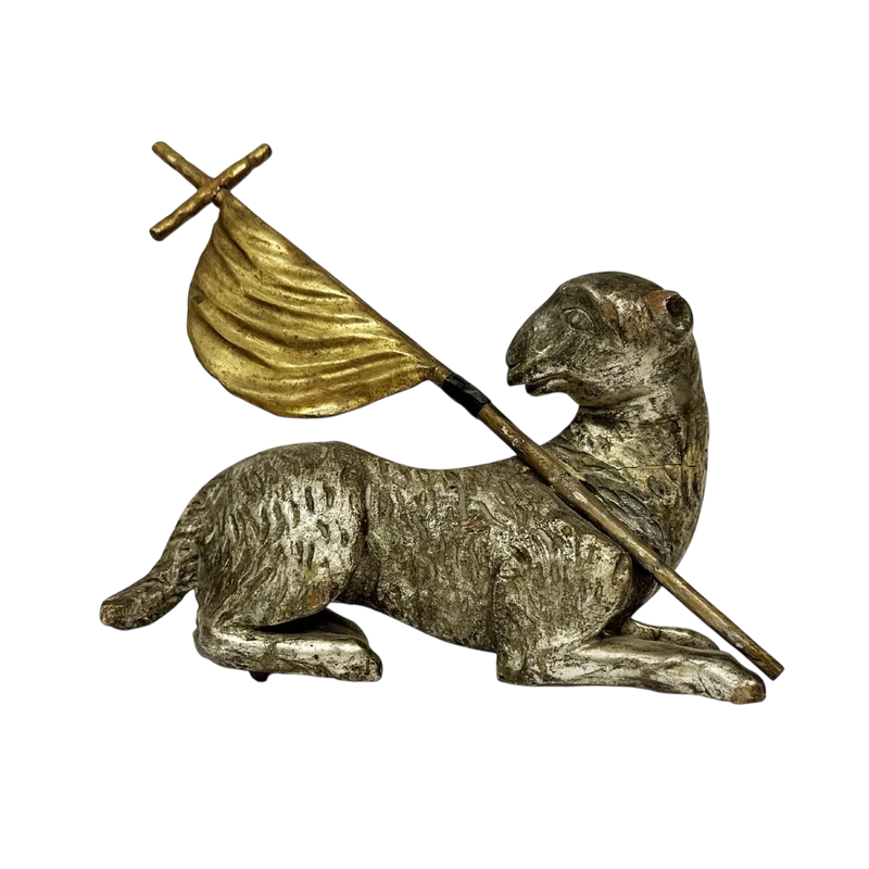 Silver-plated and gilded carved wooden sculpture raff.te Agnus Dei
