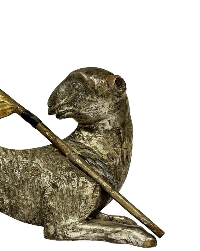 Silver-plated and gilded carved wooden sculpture raff.te Agnus Dei