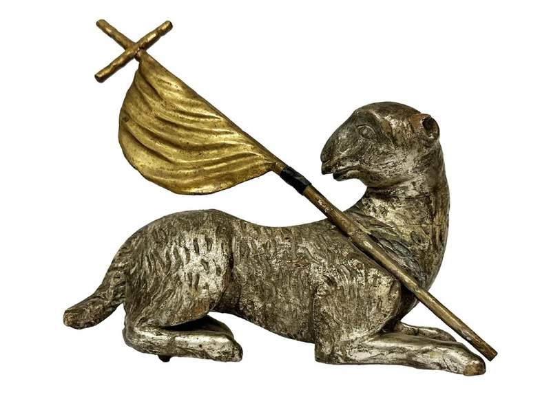 Silver-plated and gilded carved wooden sculpture raff.te Agnus Dei
