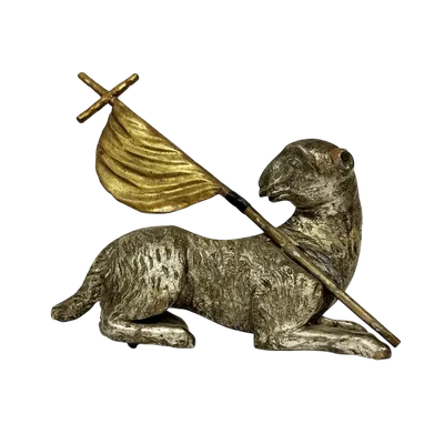 Silver-plated and gilded carved wooden sculpture raff.te Agnus Dei