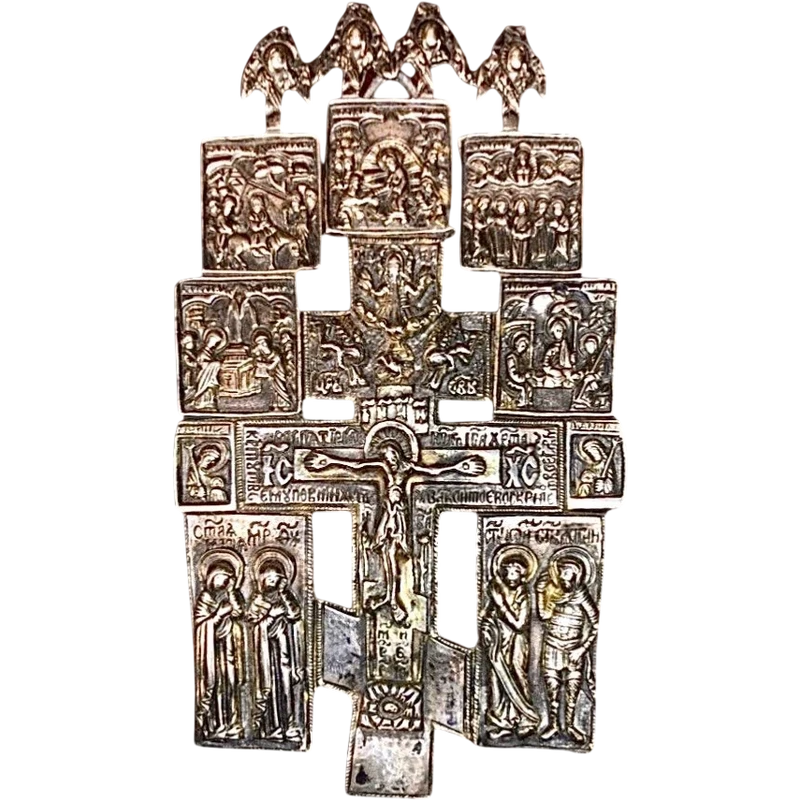 Icône grecque-byzantine en argent ajouré représentant des épisodes bibliques.