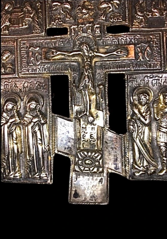 Icône grecque-byzantine en argent ajouré représentant des épisodes bibliques.