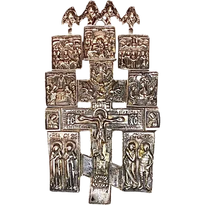 Greek-Byzantine icon in pierced silver depicting biblical episodes.