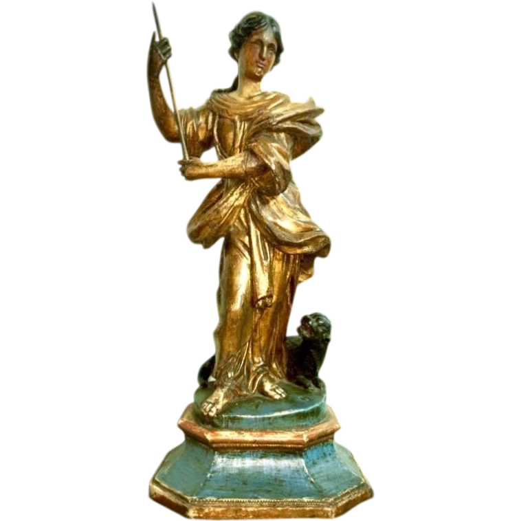 Gilded and polychrome wooden sculpture depicting Saint Martha and the dragon.