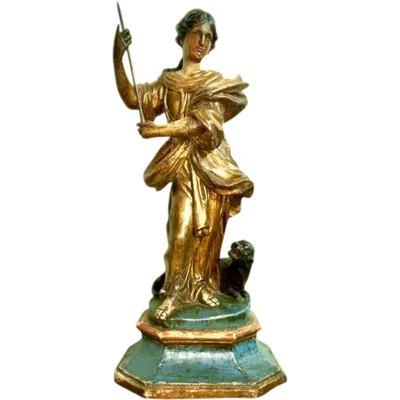 Gilded and polychrome wooden sculpture depicting Saint Martha and the dragon.