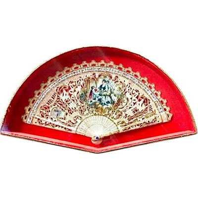 Fan with pierced bone slats with gold highlights and painted gallant scene.France