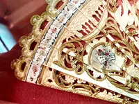 Fan with pierced bone slats with gold highlights and painted gallant scene.France