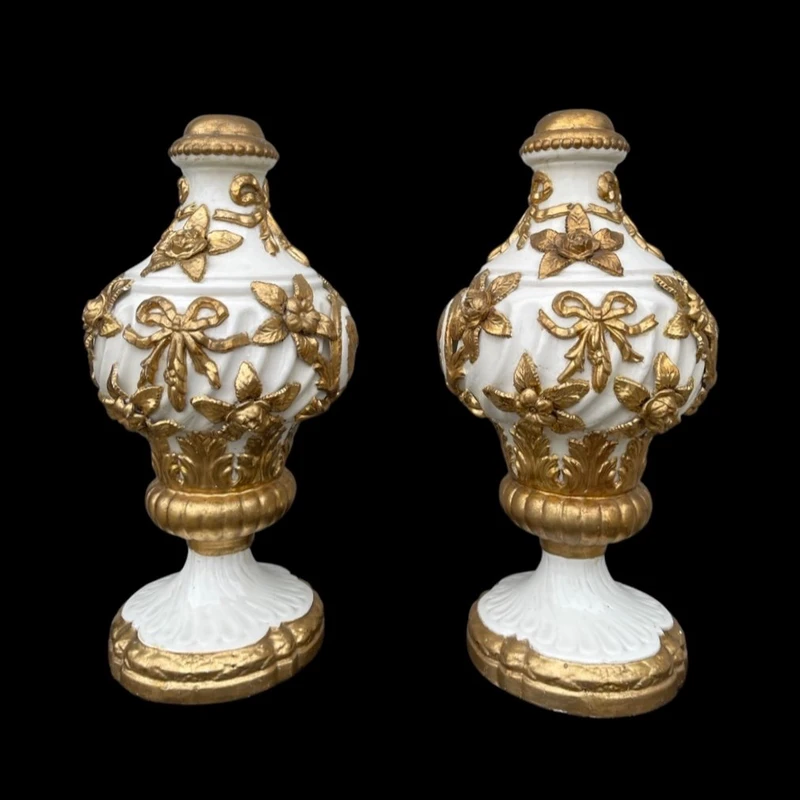 Pair of large majolica lamps with cold gilded relief parts