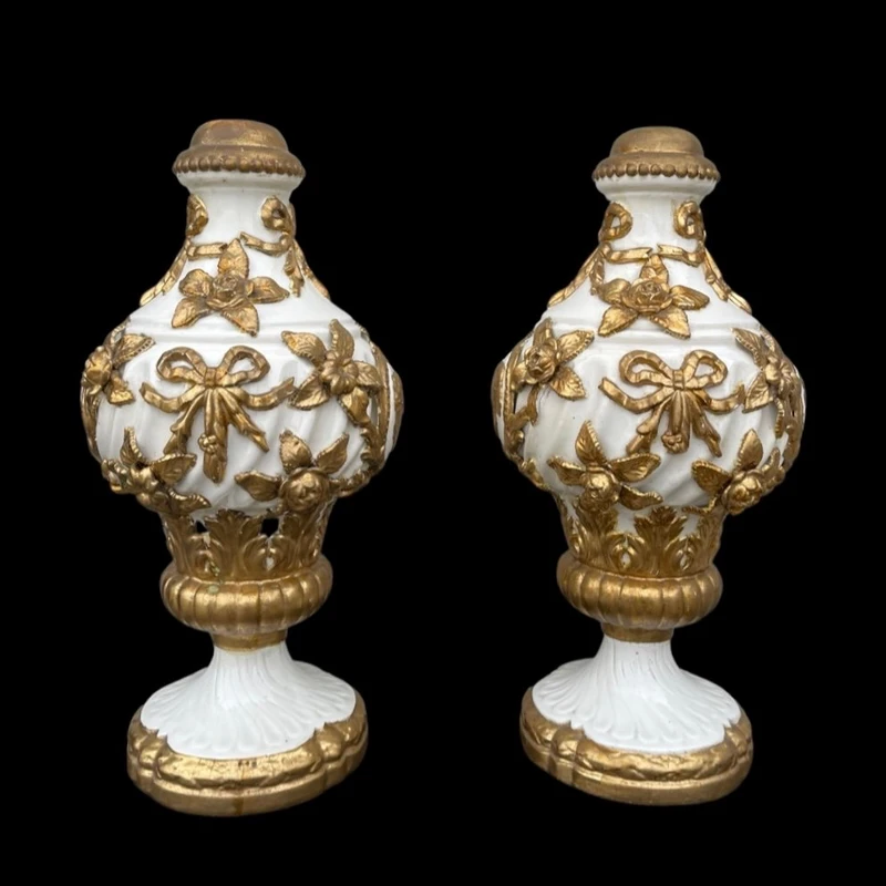 Pair of large majolica lamps with cold gilded relief parts